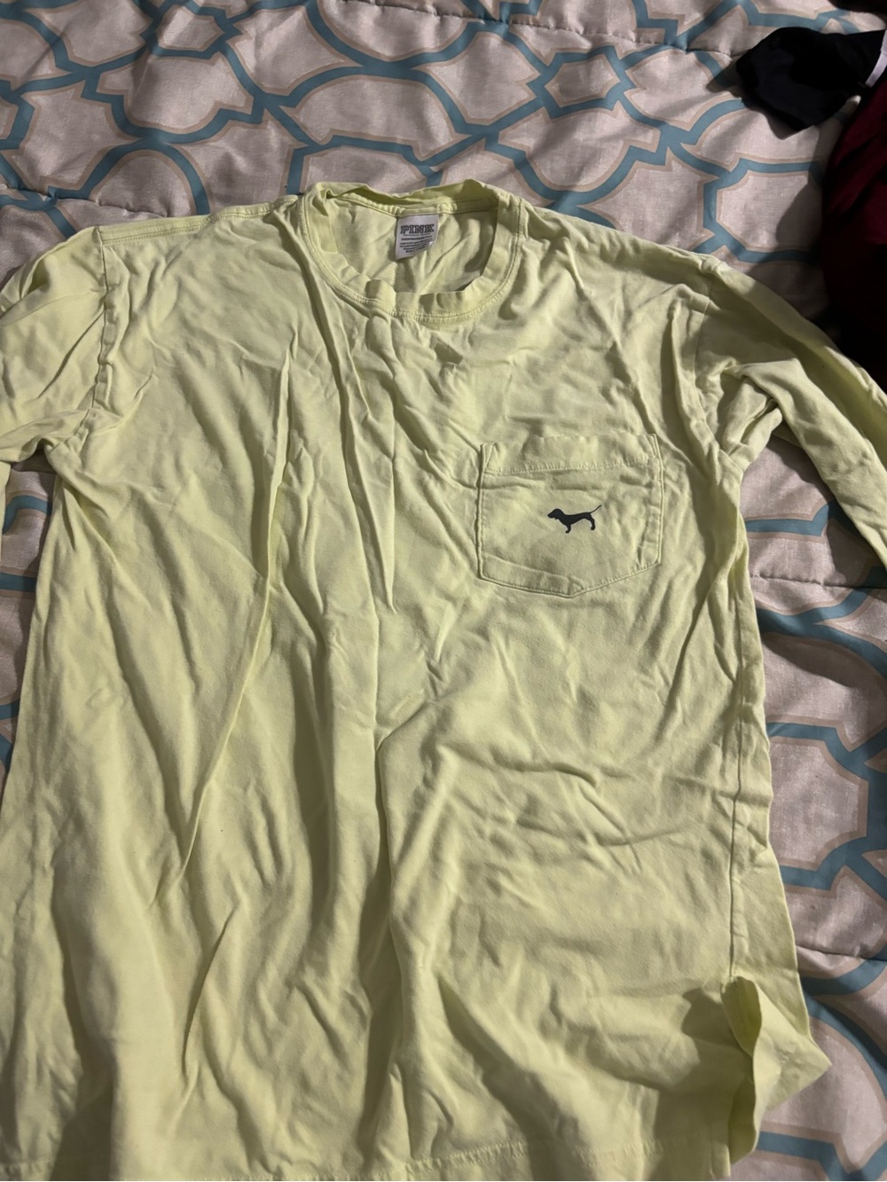 VS Pink yellow long sleeve shirt with bold flower wording on the back
